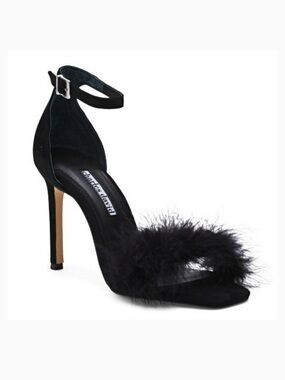 Charles David Black Feather-Trim Ankle-Strap Stiletto